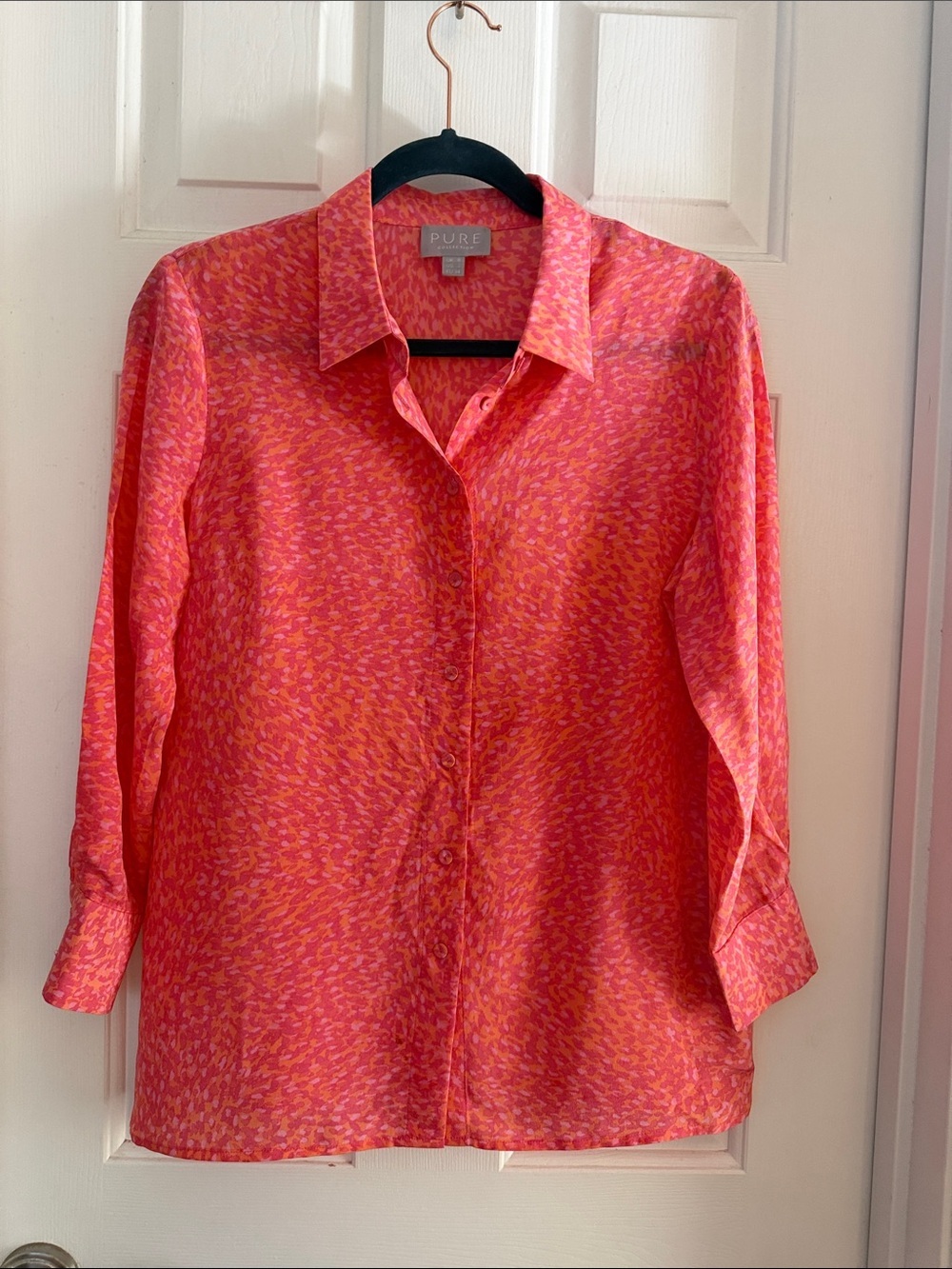 Pure Collection Coral and Pink Printed Button-Front Blouse size 2 100% silk